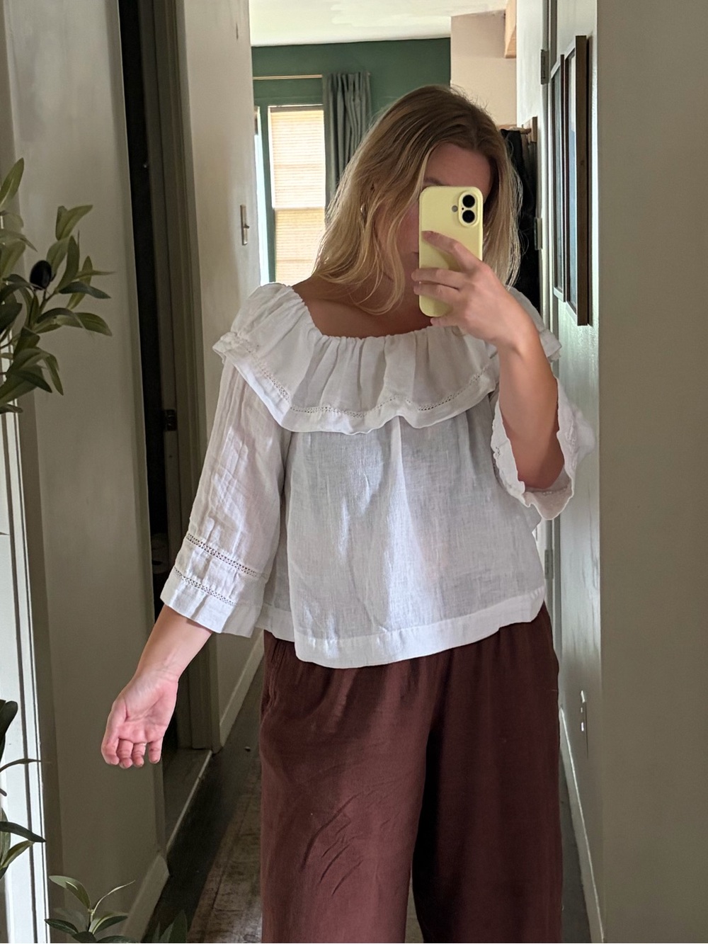 Zara White Off-the-Shoulder Ruffle Linen Shirt